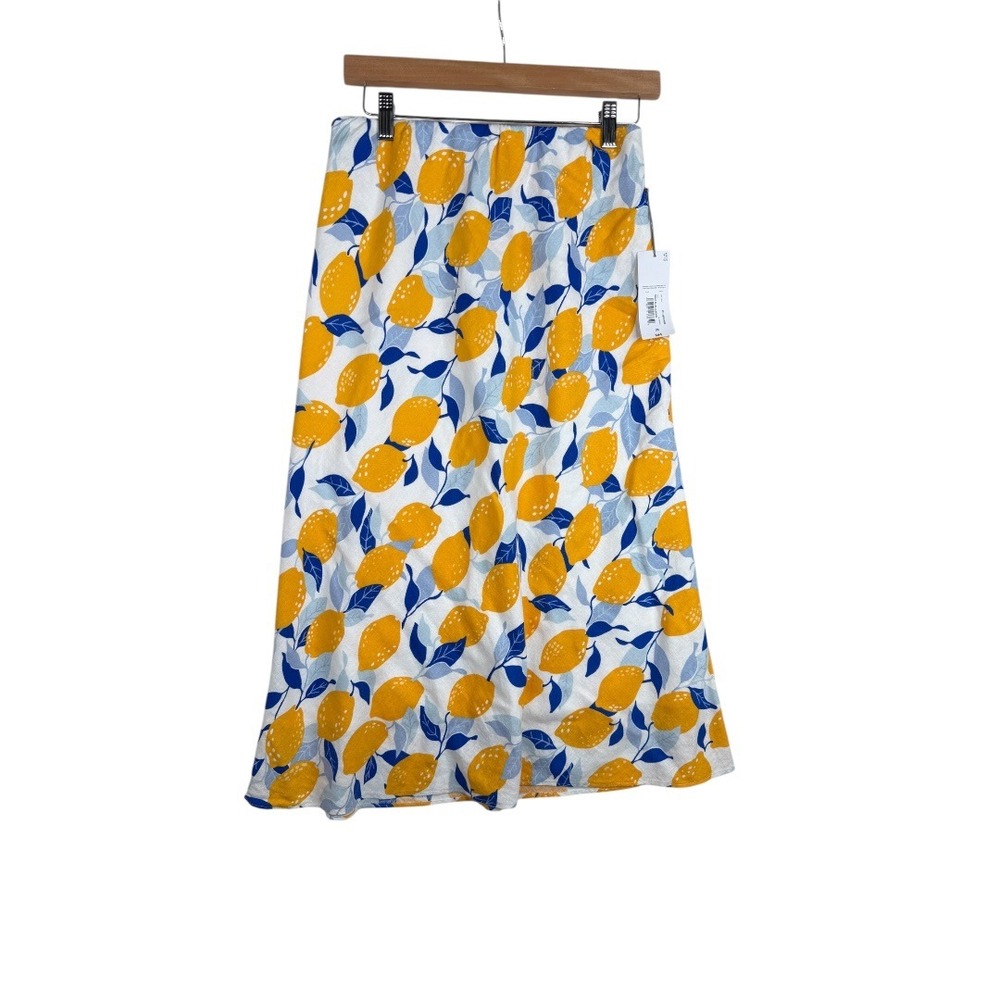 New Liz Claiborne Lemon Print Linen Blend Maxi Skirt size XS White/Yellow/Blue